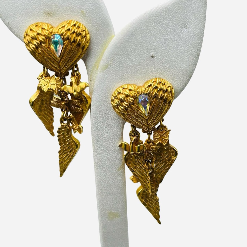 Vintage Kirks Folly Angel Wing And Heart Dangling Earrings 89$